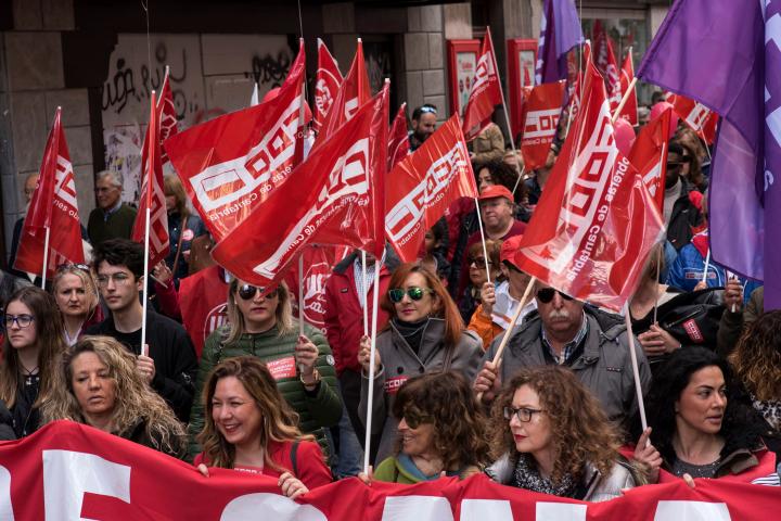 Women claim their rights and equality at work, and a large majority participate in the demonstration of international labor day in Santander, Spain, on 1st May 2018.  International Labor Day will mobilize thousands of people in cities across the...
