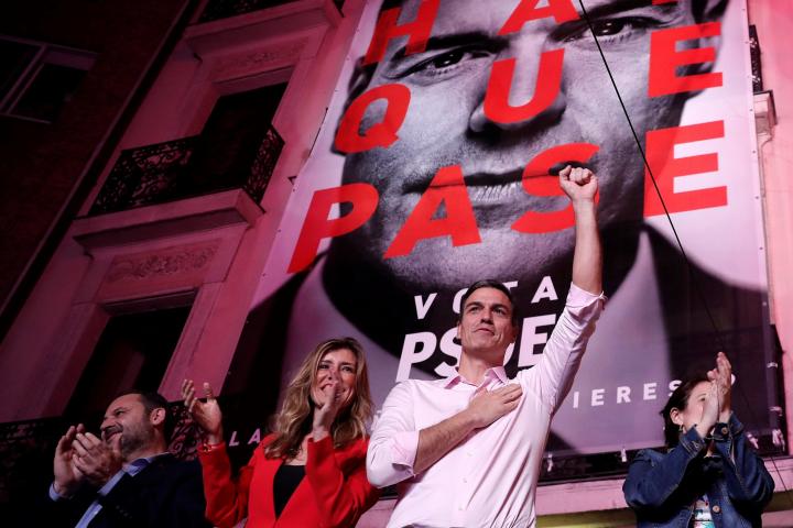 MADRID, SPAIN - APRIL 28: Spains incumbent Prime Minister and Spanish Socialist Workers' Party (PSOE) leader Pedro Sanchez greets supporters outside of the PSOE headquarters on April 28, 2019 in Madrid, Spain. (Photo by Burak Akbulut/Anadolu Age...