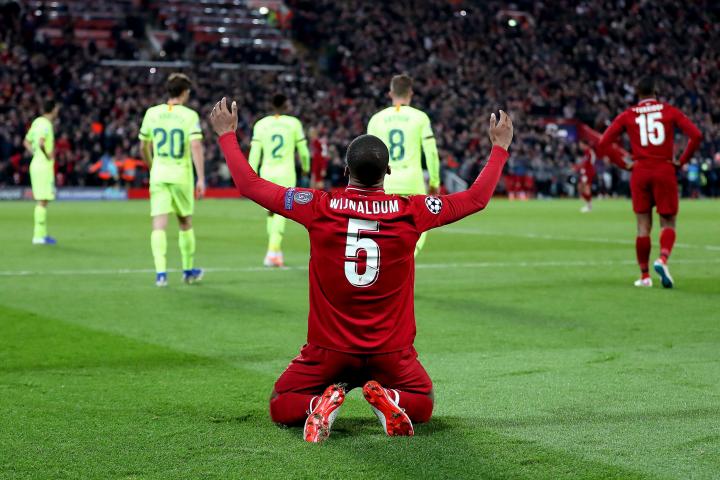 Liverpool's Georginio Wijnaldum celebrates after the final whistle Liverpool v Barcelona - UEFA Champions League - Semi Final - Second Leg - Anfield 07-05-2019 . (Photo by  Martin Rickett/EMPICS/PA Images via Getty Images)