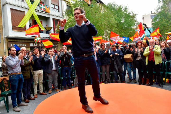 Spanish centre-right Ciudadanos (Citizens) party leader Albert Rivera greets supporters during a campaign rally in the Spanish Basque city of Renteria on April 14, 2019 ahead of the April 28 general elections. (Photo by ANDER GILLENEA / AFP)    ...