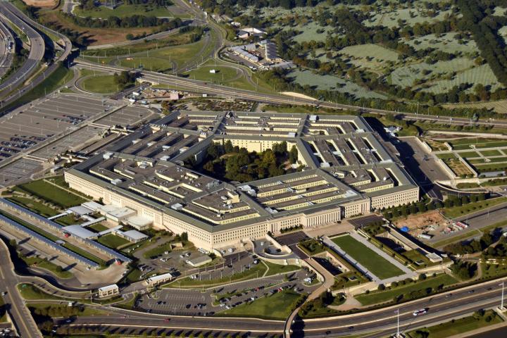 US Pentagon in Washington DC building looking down aerial view from above