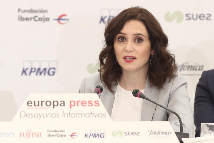MADRID, SPAIN - JANUARY 16: The president of the Community of Madrid, Isabel Diaz Ayuso, is seen delivering her speech during an informative breakfast organized by Europa Press on January 16, 2020 in Madrid, Spain. (Photo by Eduardo Parra/Europa...