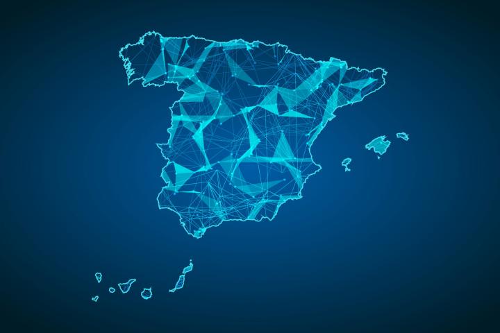 Abstract mash line and point scales on dark background with map of spain. Abstract network vector concept of spain. Internet and connection map background. Triangle, dot ,line Vector.