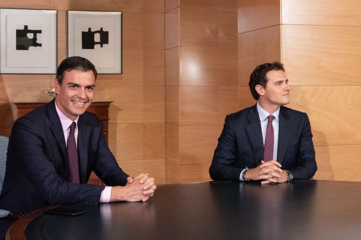 MADRID, SPAIN - JUNE 11: The acting president and leader of PSOE, Pedro Sanchez (L), meets with the president of Ciudadanos, Albert Rivera (R), in the Parliament, to negotiate the formation of the new Government. on June 11, 2019 in Madrid, Spai...