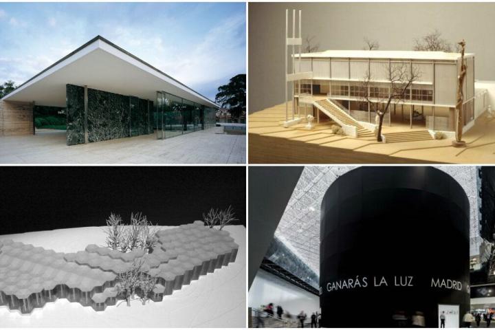 Pabellón Alemán de Mies Van Der Rohe (Barcelona, 1929. Foto: Pepo Segura); Pabellón de La República de Josep Lluís Sert (París, 1937. Foto: Maqueta del Museo Nacional Reina Sofía de Madrid); Pabel...