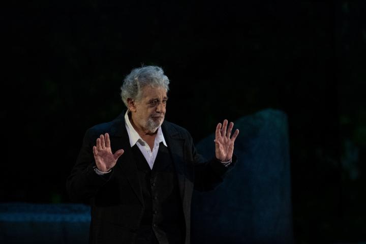 Spanish opera singer Placido Domingo, 78, performs on stage during the dress rehearsal of "Spanish Night" at the 150th Choregie in Orange on 5 July, 2019 (Photo by Christophe SIMON / AFP)        (Photo credit should read CHRISTOPHE SIMON/AFP/Get...