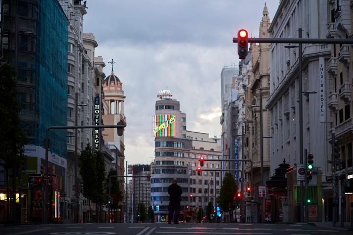MADRID, SPAIN - APRIL 14: A general view of the Gran Via street as lockdown continues due to the coronavirus (Covid-19) outbreak on April 14, 2020 in Madrid, Spain. Spain is beginning to reduce strict lockdown measures to ease its economy, peopl...