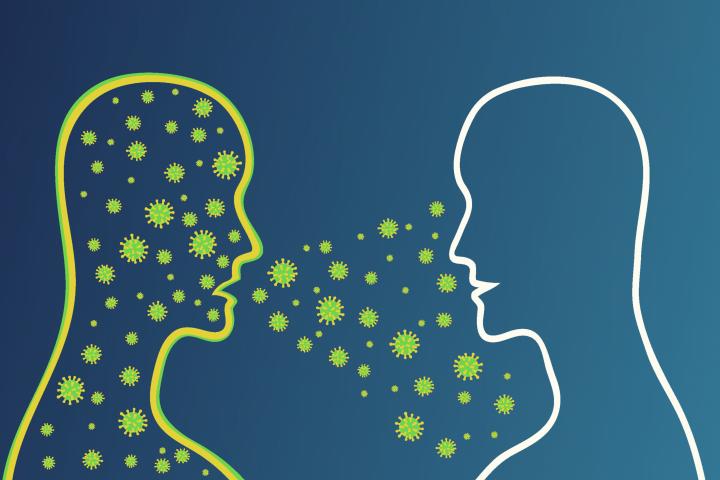 Influenza virus or coronavirus spreading between people. Concept of direct transmission, airborne, to eye, to nose, to mouth with personal contact. Vector illustration.