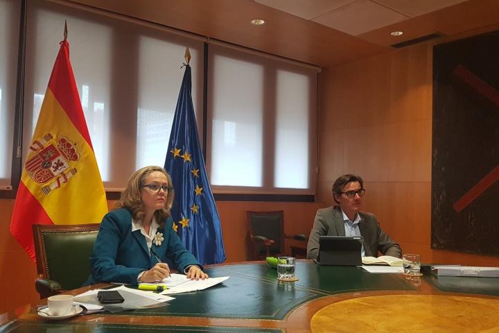 Nadia Calviño, vicepresidenta y ministra de Economía, participa en una reunión del Eurogrupo.