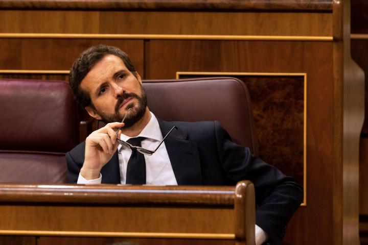 Spanish conservative People's Party (PP) leader Pablo Casado attends a plenary session at the parliament to debate on an extension of the state of emergency amid the coronavirus outbreak in Madrid on June 3, 2020. - The government will seek parl...