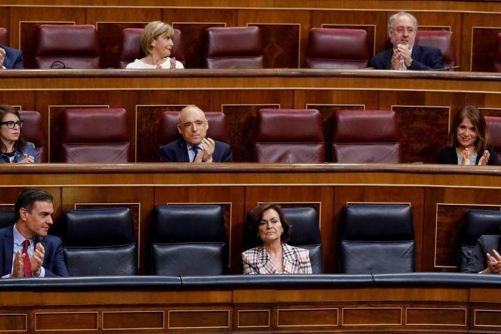 MADRID, 17/06/2020.- El presidente del Gobierno, Pedro Sánchez y los vicepresidentes primera y segundo, Carmen Calvo y Pablo Iglesias, durante a la última sesión de control al Ejecutivo bajo el estado de alarma que se celebra este miércoles ...