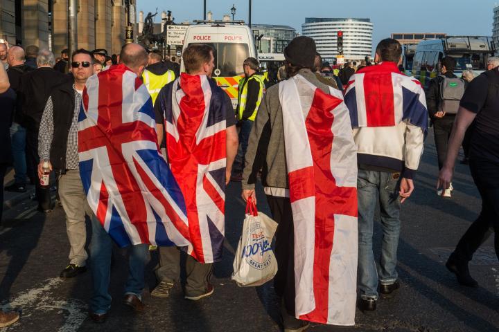 LONDON, ENGLAND - MARCH 29: Supporters of UKIP and Tommy Robinson gather at Parliament Square on March 29, 2019 in London, England. Today pro-Brexit supporters including the March To Leave joined together to protest at the delay to Brexit on the...