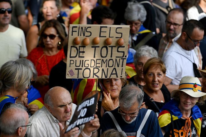 Una pancarta en la manifestación de la Diada reza "hasta los huevos de todos, ¡Puigdemont, vuelve!".