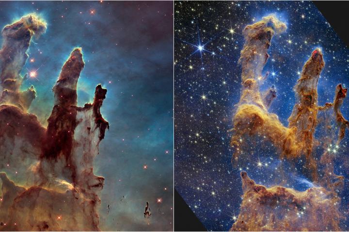 This combination image provided by NASA on Wednesday, Oct. 19, 2022, shows the Pillars of Creation as imaged by NASA's Hubble Space Telescope in 2014, left, and by NASA's James Webb Telescope, right. The new, near-infrared-light view from the Ja...