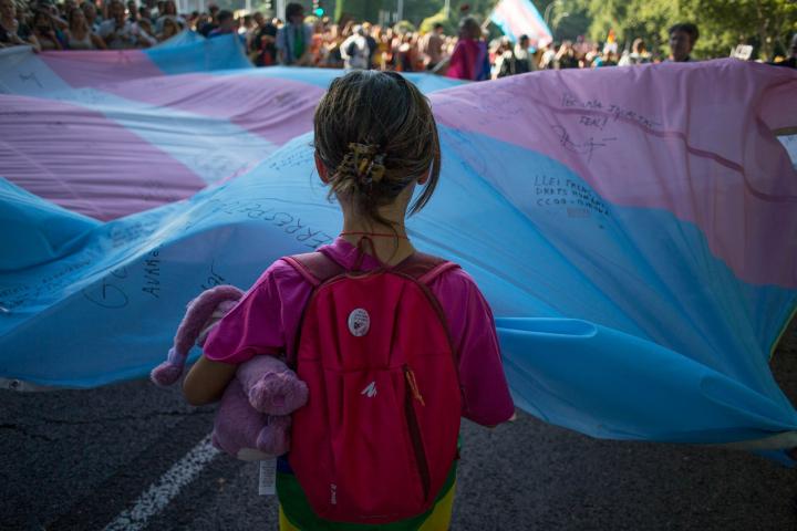Una niña sostiene la bandera del Orgullo Trans en las calles de Madrid 