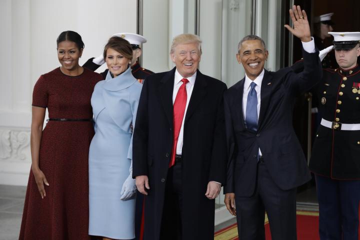 President Barack Obama and first lady Michelle Obama greets President-elect Donald Trump and his wife Melania Trump at the White House in Washington, Friday, Jan. 20, 2017. (AP Photo/Evan Vucci)