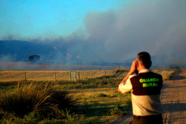 El incendio forestal declarado en la tarde de este domingo en la zona de Villarroya tiene una gran afección.
