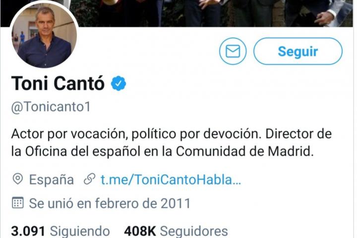 Captura de la biografía de Twitter de Toni Cantó.