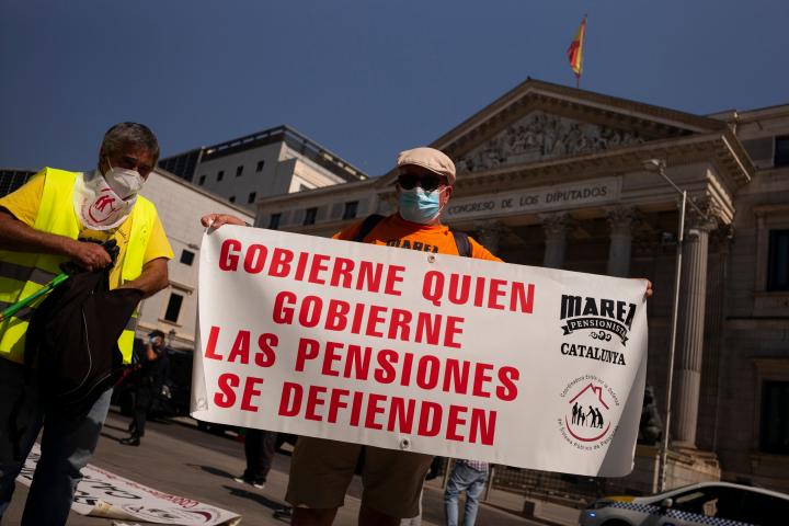 Retirees from all over Spain demonstrate in Madrid to defend "decent, public pensions with guarantees for the future" in front of the Congress of Deputies in Madrid, Spain on July 29, 2020. (Photo by Oscar Gonzalez/NurPhoto via Getty I...