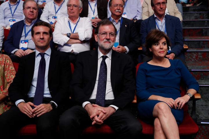 Pablo Casado, Soraya Saenz de Santamaria and Spain's former Prime Minister Mariano Rajoy during 19th Partido Popular National extraordinary congress in Madrid, on Saturday 21, July 2018