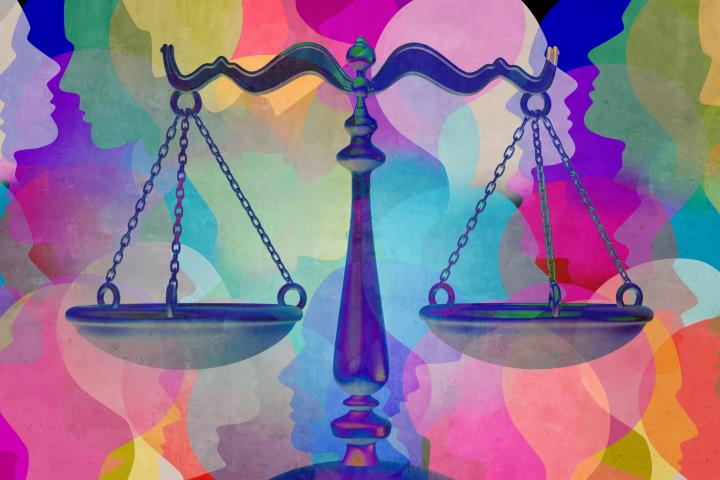 Social justice together as a crowd of diverse people with a law symbol representing community legislation and equal rights or legal lawyer icon with 3D illustration elements.