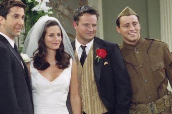 FRIENDS -- 'The One With Monica And Chandler's Wedding' -- Episode 24 -- Aired 5/17/2001 -- Pictured: (l-r) David Schwimmer as Ross Geller, Courteney Cox as Monica Geller-Bing, Matthew Perry as Chandler Bing, Matt LeBlanc as Joey Tribbiani -- P...