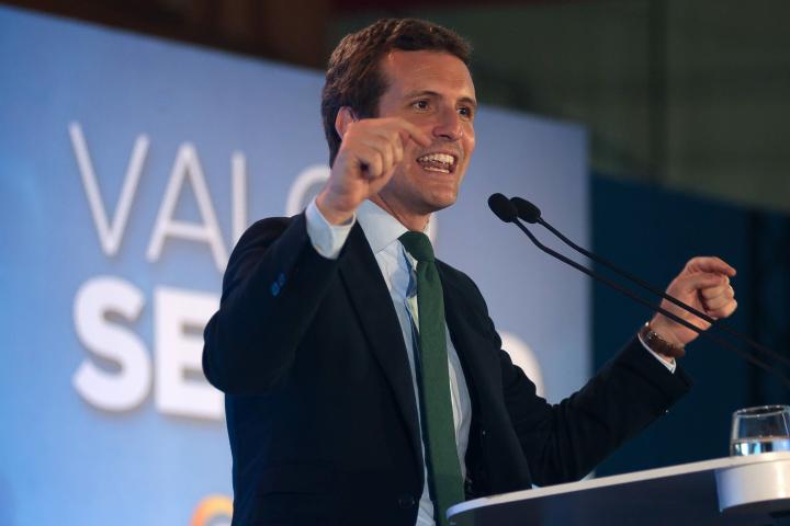 Spanish Popular Party leader and presidential candidate Pablo Casado seen speaking during a public event of an electoral campaign ahead of the Spanish general elections on 28 April. (Photo by Jesus Merida / SOPA Images/Sipa USA)