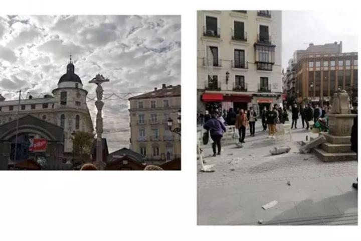 Daños en el cruceiro de la plaza Jacinto Benavente (Madrid). A la izquierda, como era antes de ser destrozado. A la derecha, tras la "gamberrada".