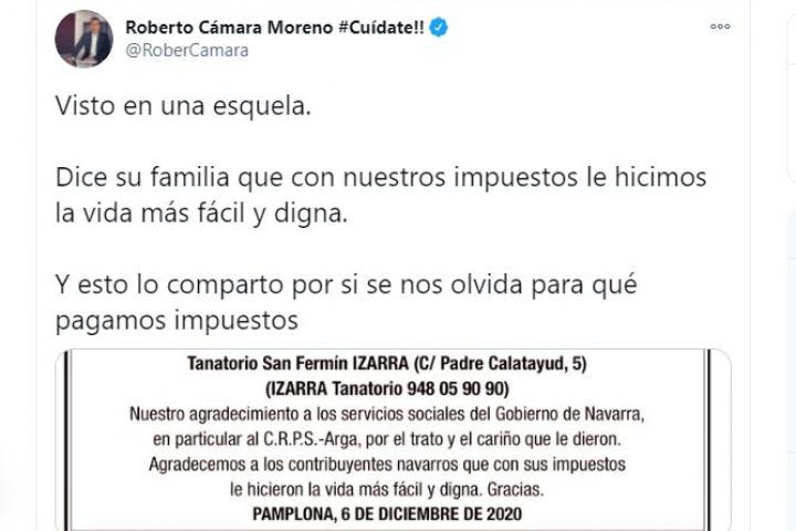 El tuit de Roberto Cámara con la esquela vista en Navarra.