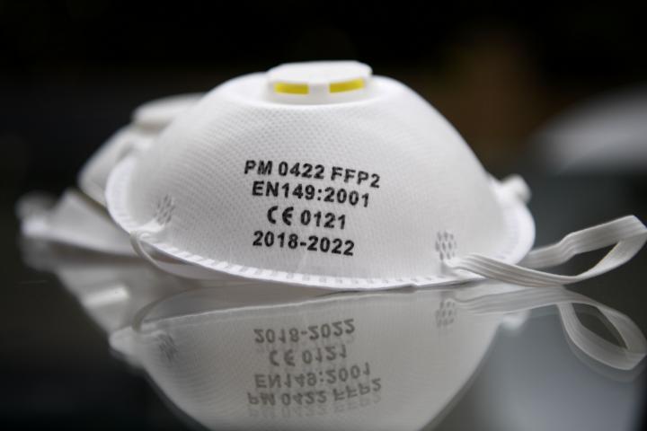 A picture taken on April 17, 2020, in Paris, shows a  FFP2 protective face mask on the 32nd day of a strict lockdown aimed at curbing the spread of the COVID-19 pandemic, caused by the novel coronavirus. (Photo by FRANCK FIFE / AFP) (Photo by FR...