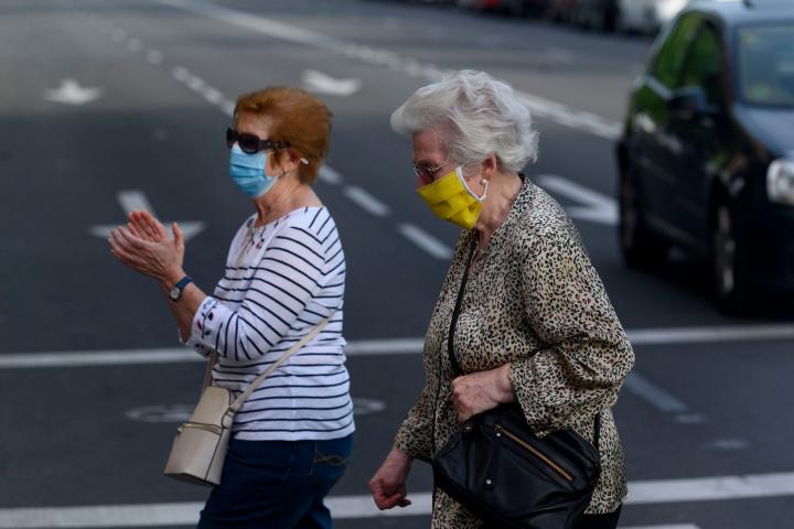 MADRID, SPAIN - MAY 04: Two woman are seen walking through Paseo de la Chopera street on the third day since Spain eased the Covid-19 lockdown measures to allow exercise on May 04, 2020 in Madrid, Spain. Spain is opening new businesses as hairdr...