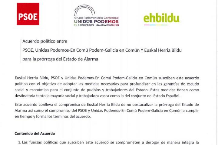 Pacto entre PSOE, UP y EH Bildu.