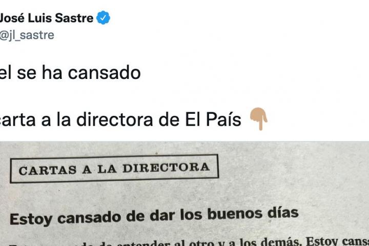 El tuit de José Luis Sastre sobre la carta a la directora de 'El País'.