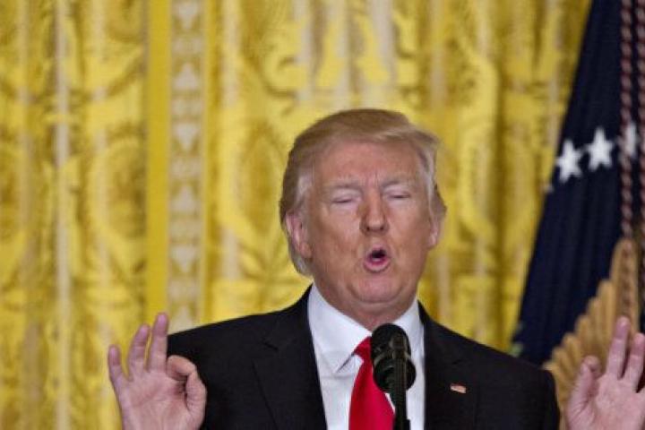 U.S. President Donald Trump speaks during a news conference to announce Alexander Acosta as U.S. labor secretary nominee in the East Room of the White House in Washington, D.C., U.S., on Thursday, Feb. 16, 2017. Acosta will replace Trumps first ...