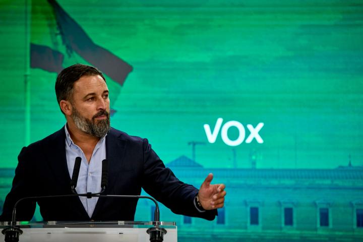 El presidente de Vox, Santiago Abascal, durante un acto en su sede nacional, el 30 de agosto de 2021 en Madrid. 