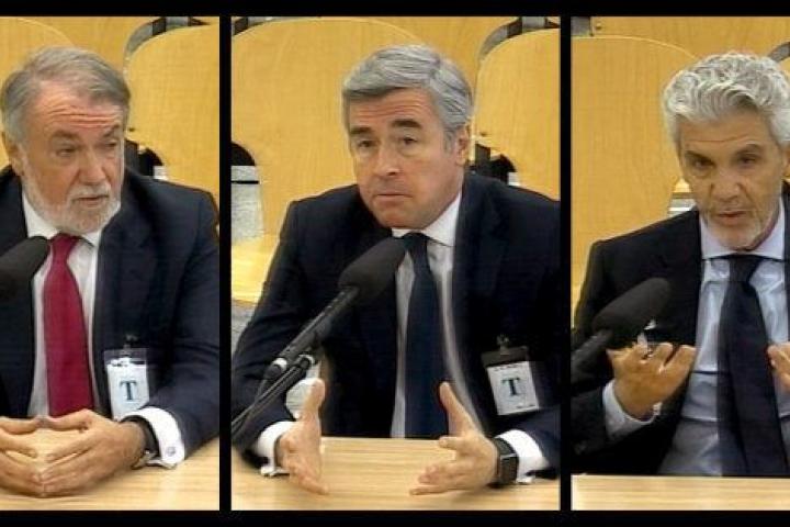 Javier Arenas, Jaime Mayor Oreja, Ángel Acebes, Gerardo Galeote y Rodrigo Rato, durante su declaración de hoy.