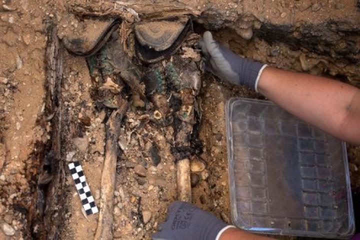 Un miembro de la ARMH de Valladolid, durante la exhumación de la fosa del cementerio de El Carmen, en agosto de 2017.