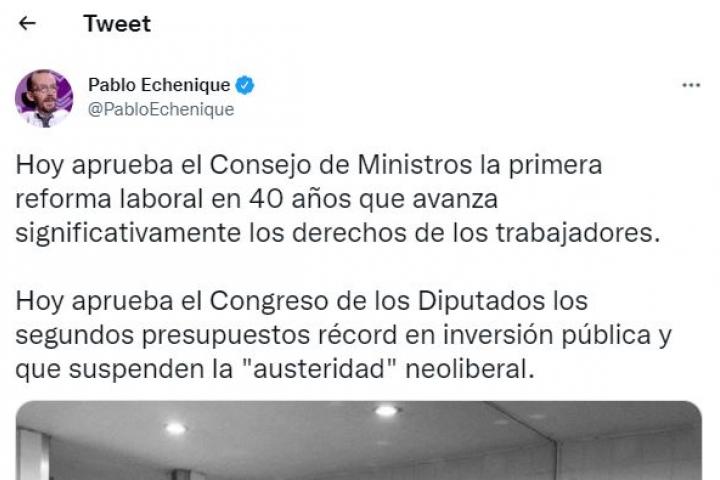 Tuit de Pablo Echenique con la crítica al Partido Popular.