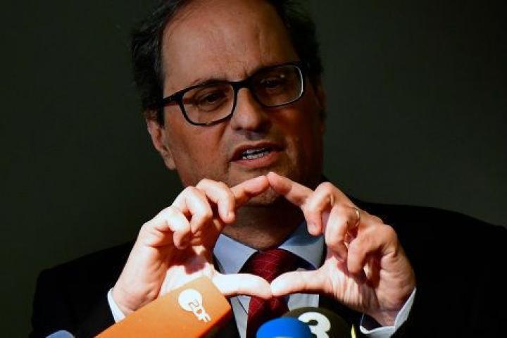 Quim Torra, durante una rueda de prensa en Berlín, el pasado mayo, en una visita a su antecesor, Carles Puigdemont.