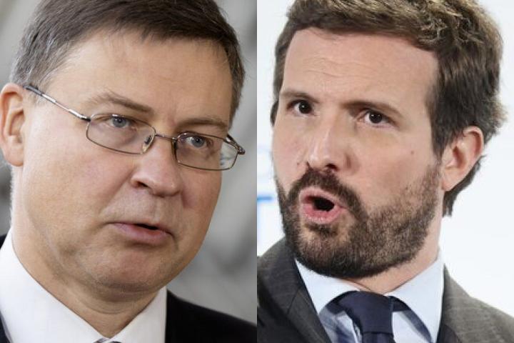 Valdis Dombrovskis, vicepresidente de la Comisión Europea, y Pablo Casado, en sendas fotos de archivo.