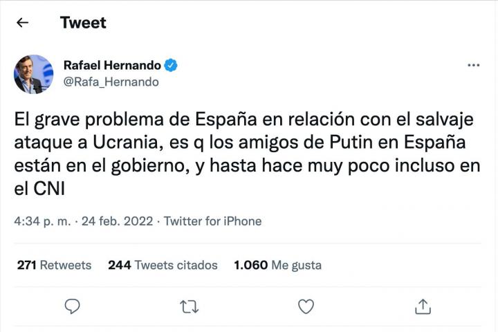 Tuit del Senador del PP Rafael Hernando.