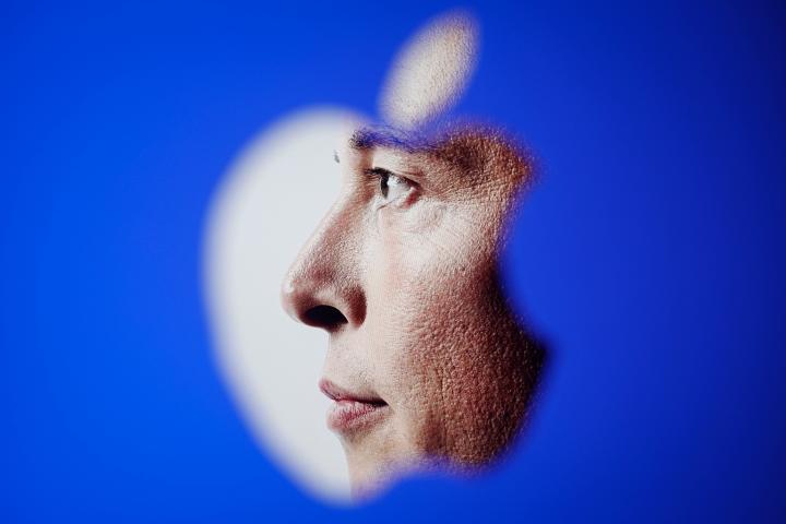 Recreación del rostro de Elon Musk visto a través del logo de Apple.