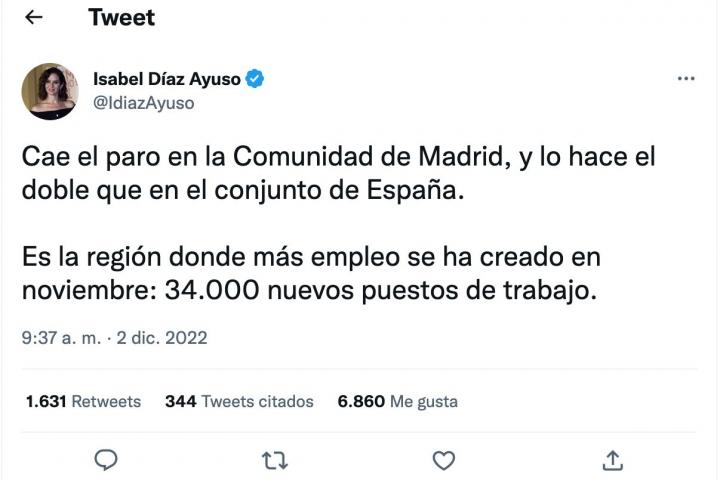 Tuit de Isabel Díaz Ayuso.