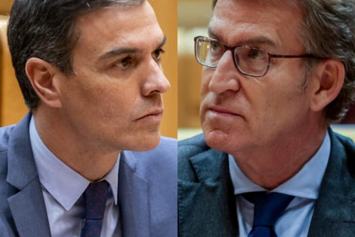 Sánchez y Feijóo, en sendas imágenes de anteriores cara a cara en el Senado.