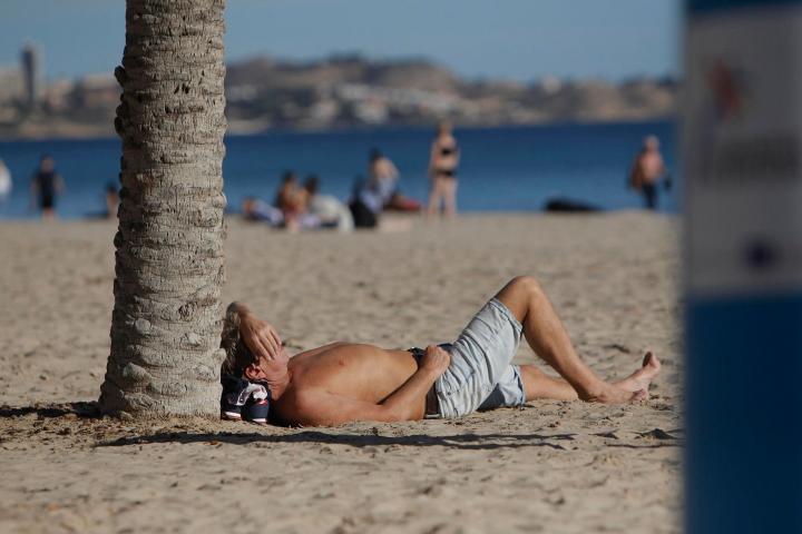 Una persona toma el sol bajo una palmera en la playa de El Postiguet de Alicante