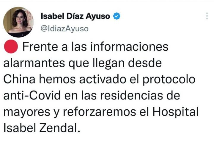 Captura de pantalla del tuit de Isabel Díaz Ayuso.