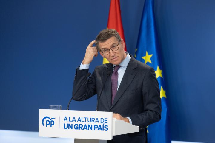 El presidente del PP, Alberto Núñez Feijóo, durante su balance político y económico del año.