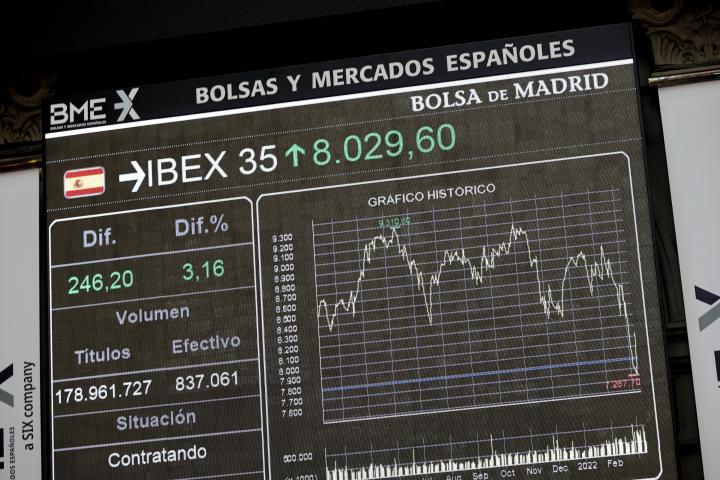 Imagen de archivo del desempeño del Ibex 35 en una sesión bancaria