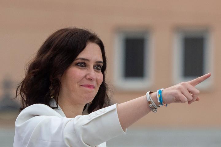 La presidenta de la Comunidad de Madrid, Isabel Díaz Ayuso, durante un evento de campaña en Leganés.