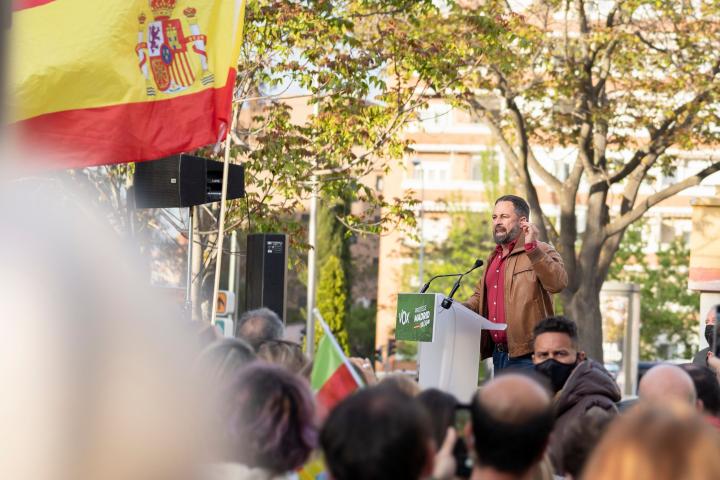 El presidente de Vox, Santiago Abascal, durante un mitin en Madrid.